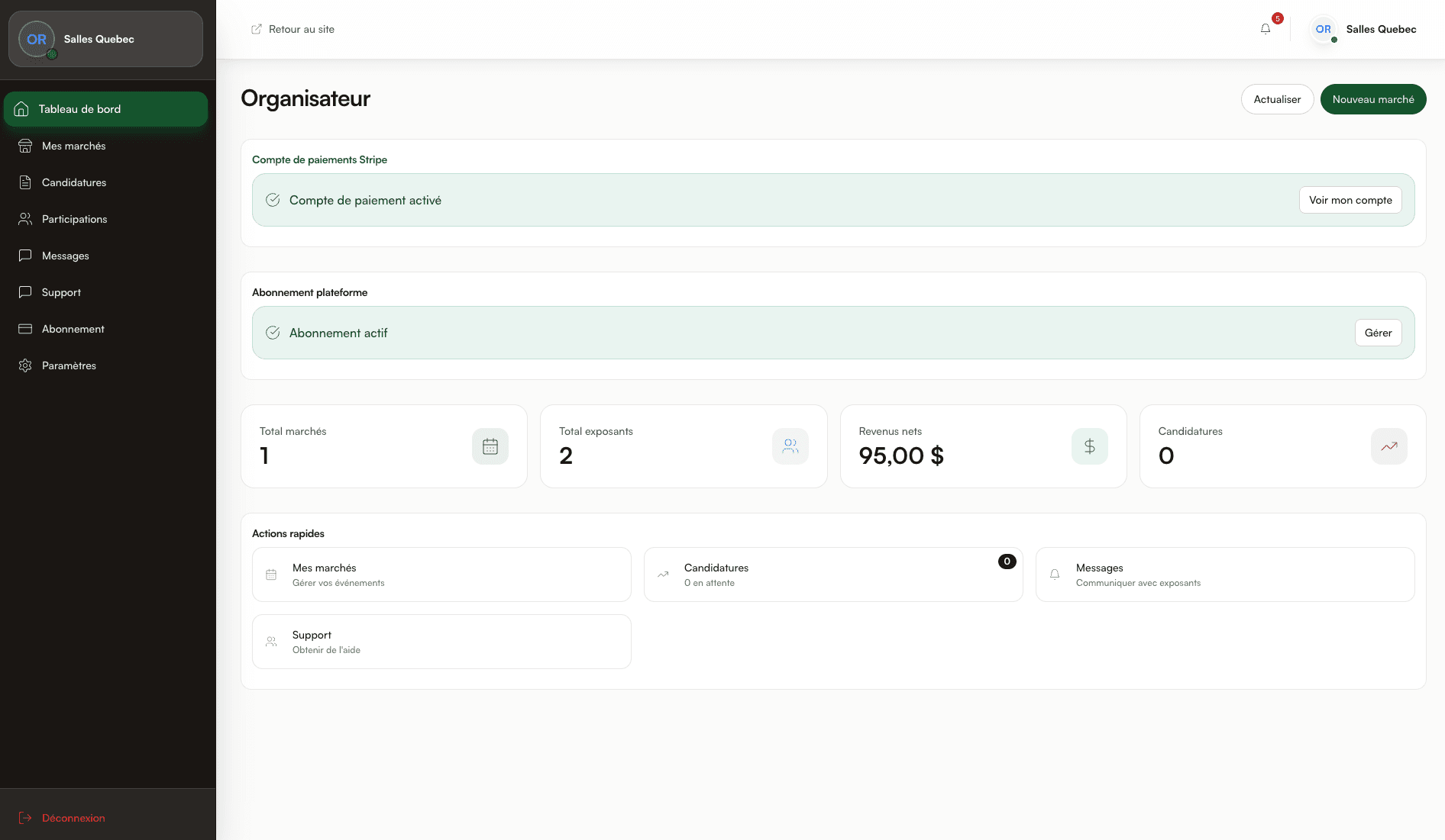 MarchéPro tableau de bord organisateur
